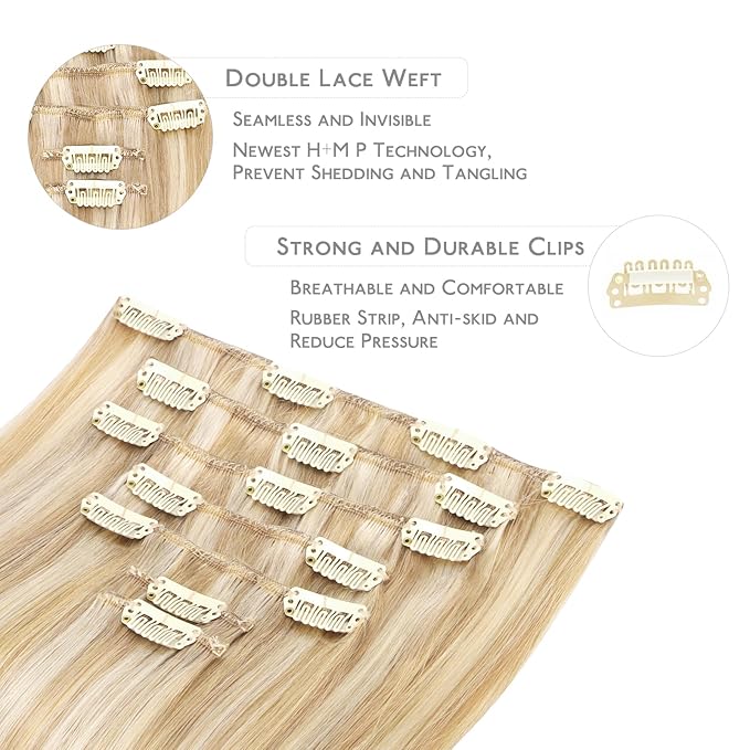 WENNALIFE Clip in Hair Extensions Human Hair 14 Inch 120g 7pcs Dirty Blonde Highlighted Bleach Blonde Hair Extensions Clip in for Women Real Human Hair Rallonge Cheveux Humain Real Hair Extensions