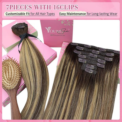 YoungSee Clip in Hair Extensions Real Human Hair Balayage Hair Extensions Clip ins Balayage Chocolate Brown Mix Caramel Blonde Balayage Clip on Hair Extensions Human Hair 120G 18Inch