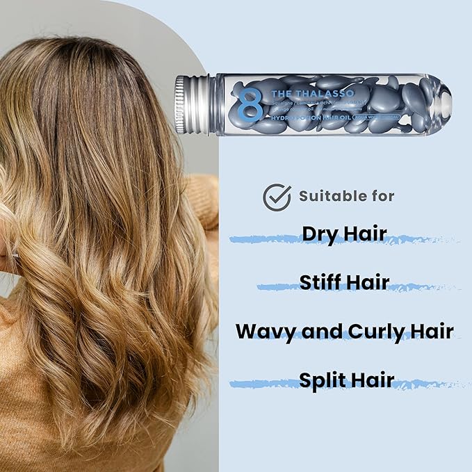 8 THE THALASSO Potion Hair Oil for Frizzy & Damaged Hair Women & Men, Keratin Hair Care for Repairing with Squalane & Deep Ocean Water, Sulfate & Paraben Free, AQUA WHITE FLORAL, 24 Capsules