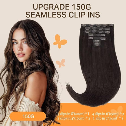 DOORES Clip in Hair Extensions, Dark Brown 130g 7pcs 16 Inch, Invisible Edge Clip Extensions Remy Weft for Women Silky Straight Weft