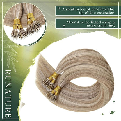 RUNATURE Nano Ring Hair Extensions Blonde Highlight Nano Bead Hair Extensions Human Hair 18 Inch Nano Tip Hair Extension Real Human Hair Ash Brown Highlight Platinum Blonde Soft Silky 50g 50s