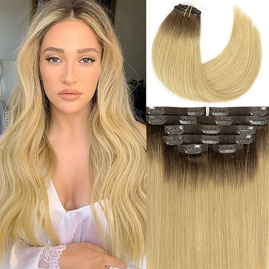 Lacer Seamless Clip in Hair Extensions Human Hair PU Glue Weft Clip on Hair Extensions R#4/18 Dark Brown with Ash Blonde Roots 16 Inch 110G 7pcs