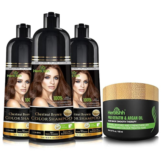 Herbishh Ultimate Shampoo Kit (3pcs Dye + 1 Argan Mask) for Smooth, Long-Lasting Grey Hair Color - Men & Women (Chestnut Brown)