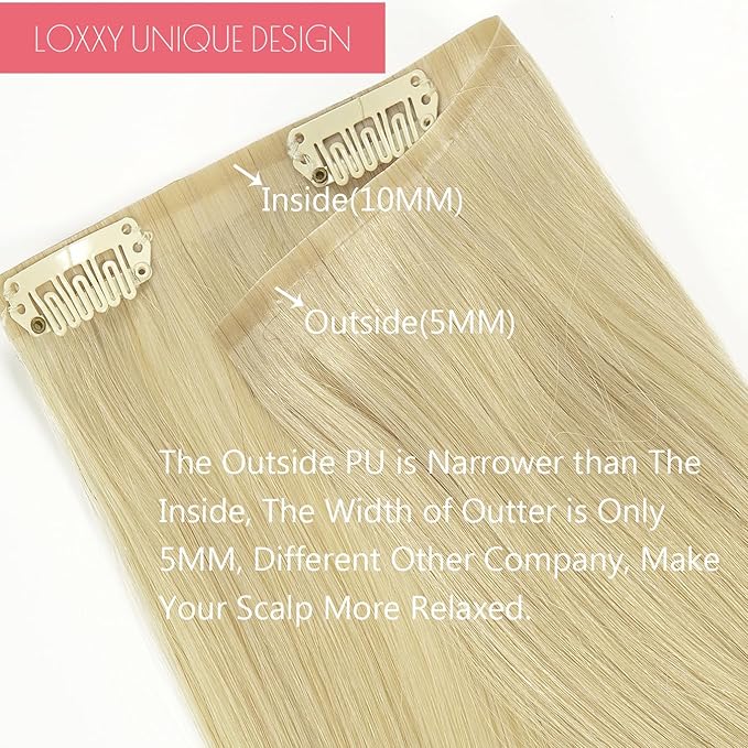 Loxxy Real Hair Extensions - Invisible 16Inch 7Pcs 130G Platinum Blonde Seamless Clip in Hair Extensions Human Hair Silky Straight PU Clip ins For Women