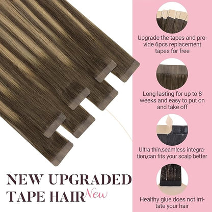 MAXITA Tape in Hair Extensions Human Hair 4/27/4 Chocolate Brown Mixed Caramel Blonde Balayage 24 Inch 30g 10pcs Thick Ends Straight Seamless Tape ins Remy Invisible Tape in Extensions Human Hair