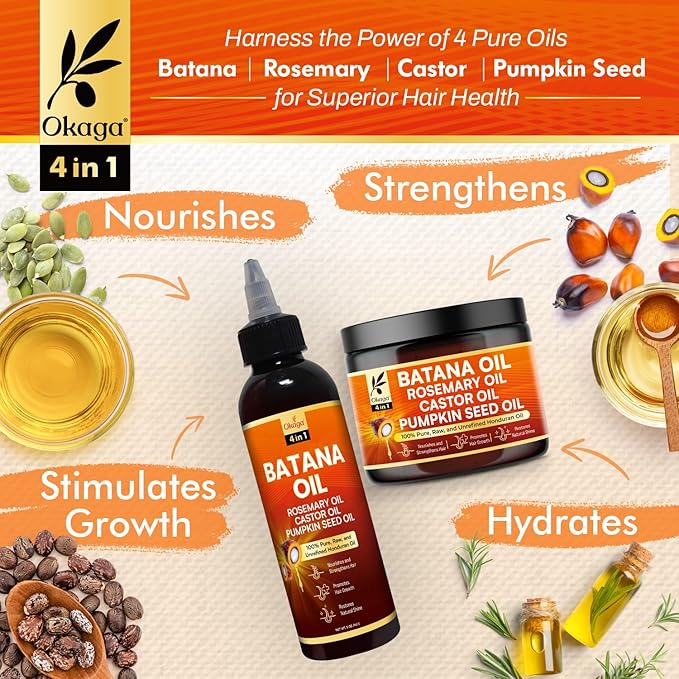 Batana Oil and Cream for Hair Growth Bundle, Rosemary, Castor, and Pumpkin Seed Oils, Pure & Unrefined, Nourishes, Revives Scalp & Strands, Softens, Smooths, Strengthens for All Hair Types