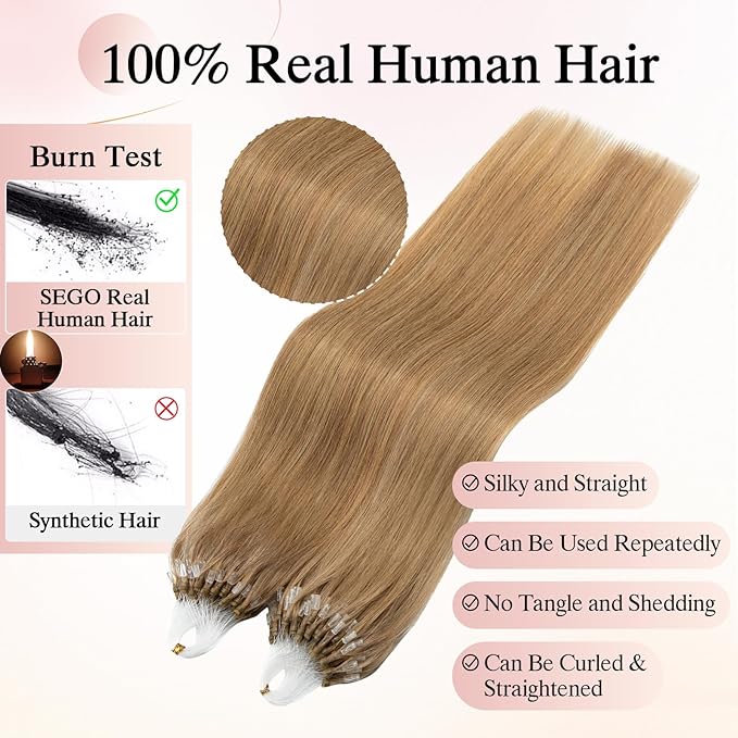 Micro Link Hair Extensions Human Hair Micro Bead Extensions Micro Loop Micro Ring Human Hair Extensions for Women Silky Straight Natural 50g/100 Stands 22" Dark Blonde