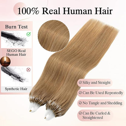 Micro Link Hair Extensions Human Hair Micro Bead Extensions Micro Loop Micro Ring Human Hair Extensions for Women Silky Straight Natural 50g/100 Stands 22" Dark Blonde