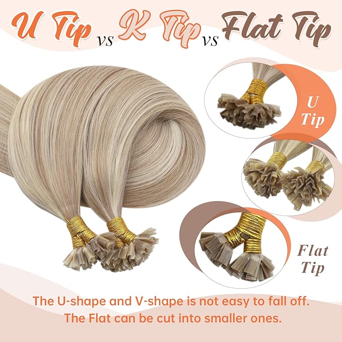 Sunny Hair U Tip Hair Extensions Blonde UTips Hair Extensions Human Hair Ash Blonde Highlight Bleach Blonde K Tip Hair Extensions Real Human Easy to Curl 20inch 50g