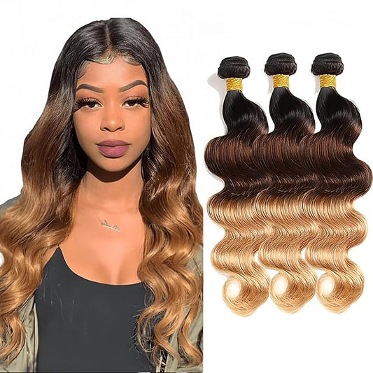 30 32 34 Inch Ombre Bundles Human Hair 4/27 Body Wave Bundles Niegmeag Virgin Soft and Silky Remy Hair Extensions Double Weft Ombre Honey Blonde Bundle Hair Weave