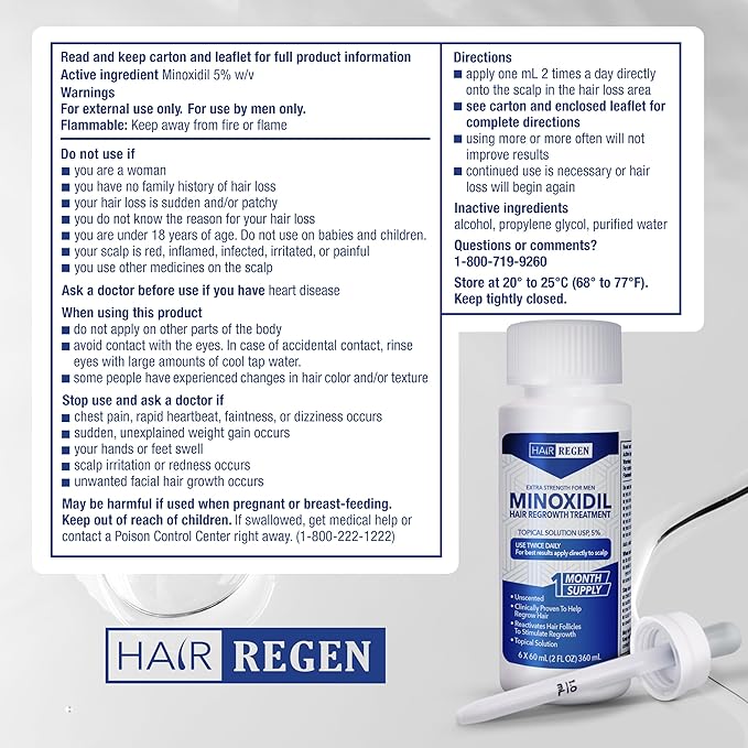Hair-Regen Advanced 5% Minoxidil For Men Hair Regrowth Treatment for Thinning Hair - Hair Loss for Men - 6 Month Supply, Minoxidil Topical Solution So Thicker Fuller Hair Keeps Growing Amazing Results