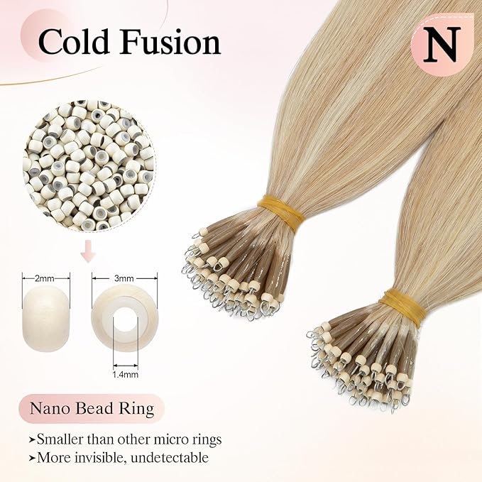 Nano Bead Human Hair Extensions with Nano-bond Hair Extensions - Silky Straight Natural 50g/50 Stands 24" Ash Blonde & Bleach Blonde Mix