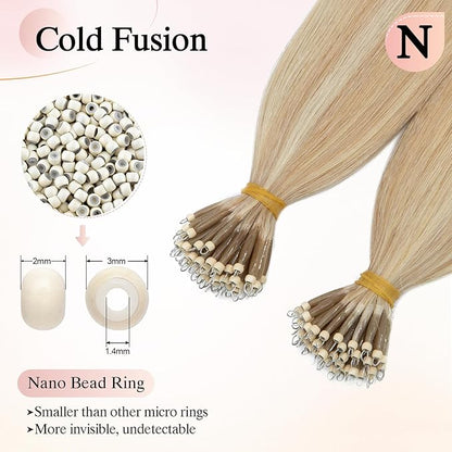 Nano Bead Human Hair Extensions with Nano-bond Hair Extensions - Silky Straight Natural 50g/50 Stands 24" Ash Blonde & Bleach Blonde Mix
