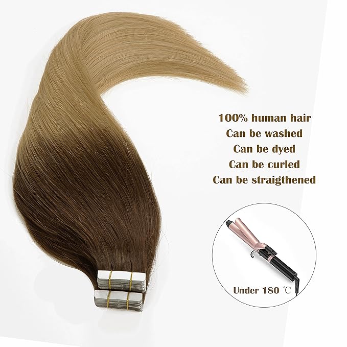 Anrosa Tape in Hair Extensions Human Hair Ombre Darker Brown to Light Golden Brown Silky Straight Real Hair Extensions Human Hair 20pcs/set 50g 14 Inch