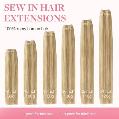 GOO GOO Sew in Hair Extensions Real Human Hair, Weft Hair Extensions Human Hair, 16/22 Light Blonde Highlighted Golden Blonde 18inch 100g, Weft Bundles Straight Silky Remy Hair