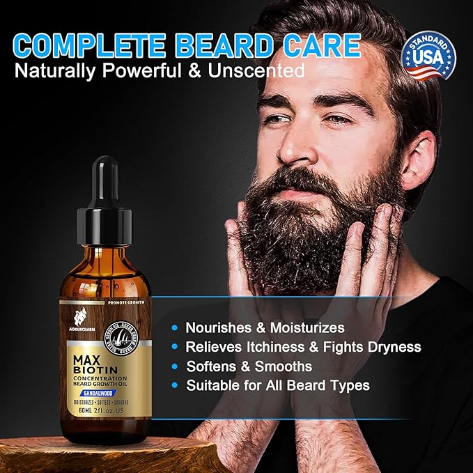 Biotin Beard Oil for Men – Sandalwood Scented Beard Growth Oil with Castor, Vitamin B5 & Grape Seed – Soften & Tame Coarse Beards – Natural Grooming Gift for Him – 2 oz