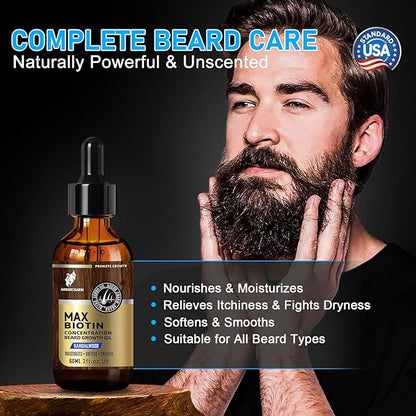 Biotin Beard Oil for Men – Sandalwood Scented Beard Growth Oil with Castor, Vitamin B5 & Grape Seed – Soften & Tame Coarse Beards – Natural Grooming Gift for Him – 2 oz