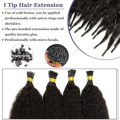 Anrosa Kinky Straight I Tip Hair Extensions 14inch Itip Human Hair Extensions Black 100% Brazilian Hair 50g I Tip Hair Coarse Yaki Microlinks Stick