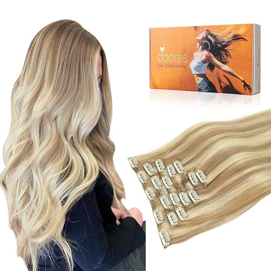 DOORES Clip in Human Hair Extensions, Dark Blonde Highlighted Bleach Blonde 135g 7pcs 16 Inch, Remy Hair Extensions Clip in Straight Natural Weft for Women