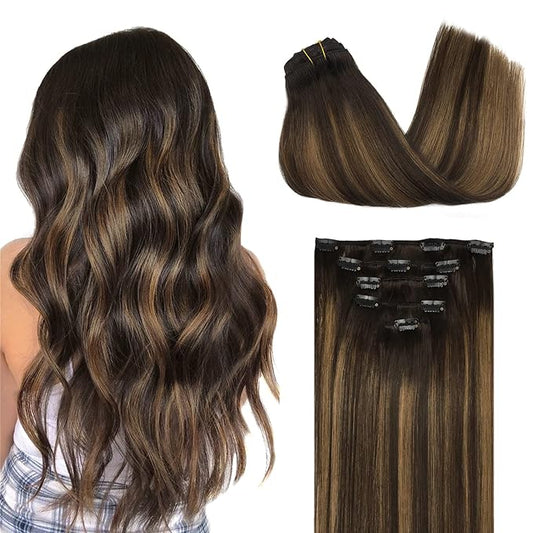 DOORES Human Hair Extensions Clip in, 5pcs 85g 22 Inch Balayage Ombre Dark Brown to Chestnut Brown Clip in Hair Extensions Natural Hair Extensions Silky Straight