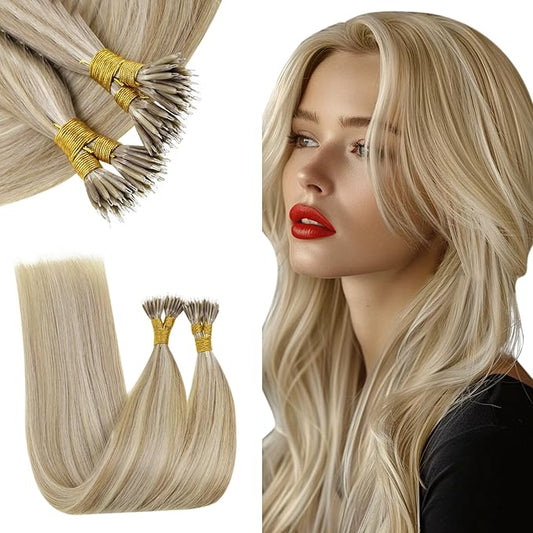 RUNATURE Nano Ring Hair Extensions Blonde Highlight Nano Bead Hair Extensions Human Hair 18 Inch Nano Tip Hair Extension Real Human Hair Ash Brown Highlight Platinum Blonde Soft Silky 50g 50s