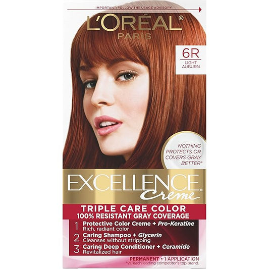 L'Oreal Paris Excellence Creme Permanent Triple Care Hair Color, 6R Light Auburn, Gray Coverage For Up to 8 Weeks, All Hair Types, Pack of 1