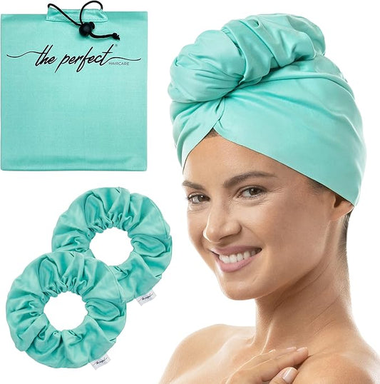 Microfiber Hair Towel Wrap + 2 Smooth Large Hair Drying Tie for Wet Hair - Anti-Frizz, Gentle, Absorbent Hair Scrunchies or Face Washing Wristband