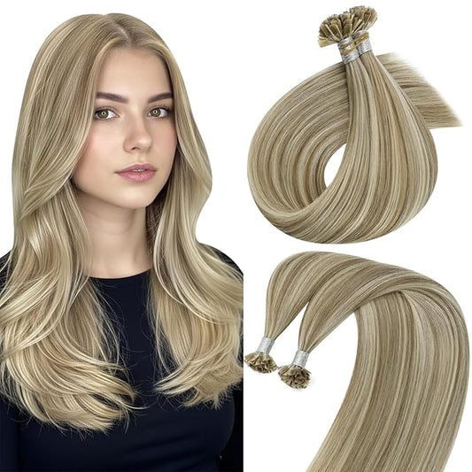 Sunny Hair K Tip Hair Extensions Real Human Hair Light Brown Highlights Blonde Keratin Tip Hair Soft K Tips Extensions 16inch 50g