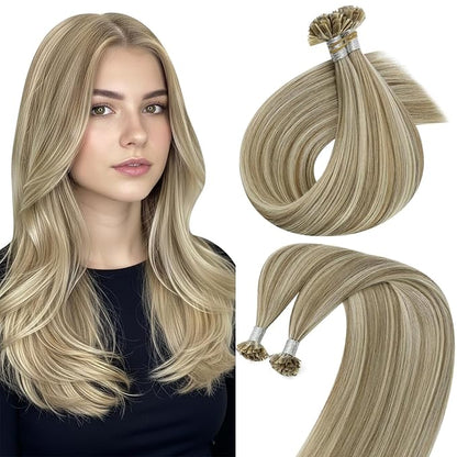 Sunny Hair K Tip Hair Extensions Real Human Hair 18inch Ktip Hair Extensions Human Hair Light Brown Highlights Blonde Keratin Extensions for Women 50g