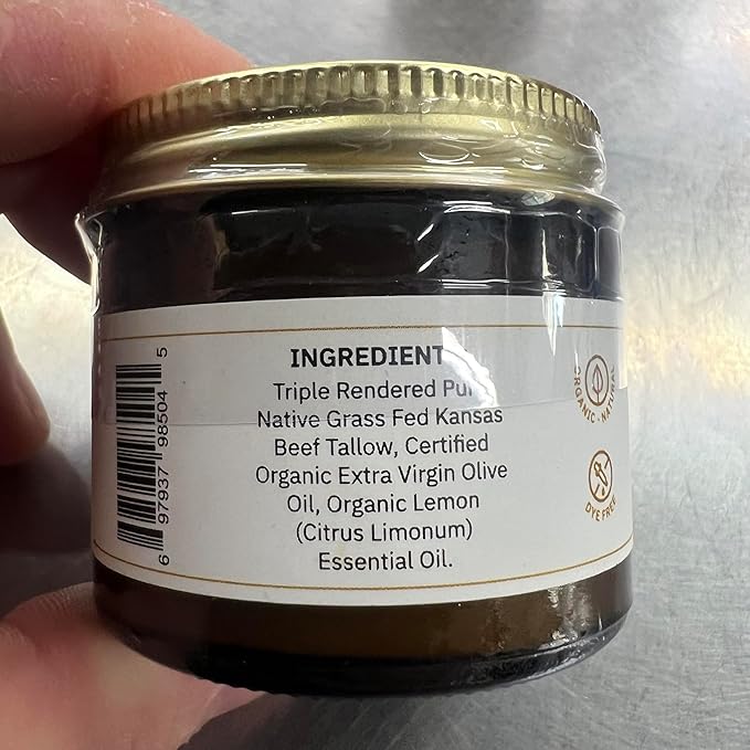 Beef Tallow Balm - 2 oz - Grown and Made in USA - Organic Grass Fed and Finished Tallow - Moisturizing Skin Care Lemon