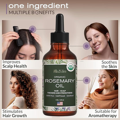 Ella & Eden Rosemary Oil for Hair 100% Pure, Steam-Distilled, Hexane-Free | USDA Certified Organic Rosemary Essential Oil for Skin Aromatherapy in a Glass Bottle, 4 Oz