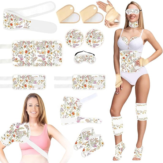 12 Pcs Castor Oil Pack Wrap, Reusable Castor Oil Pack Kit Organic Cotton for Shoulder Hands Neck Waist Chest Knees and Feet, Adjustable Compress Pads for Entire Body, Anti Oil Leak(White)