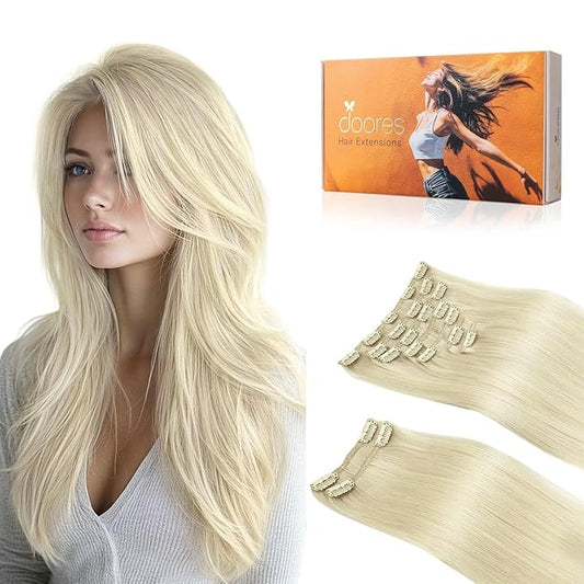 DOORES Human Hair Extensions, Platinum Blonde 24 Inch 9pcs 150g, Hair Extensions Real Human Hair Clip ins Extensions For Women Clip in Extensions Human Hair Natural Thick Silky Straight