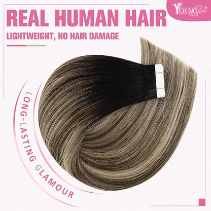 YoungSee Tape in Hair Extensions Real Human Hair Balayage 30g Tape in Hair Extensions Human Hair Black Ombre Brown with Blonde Tape Extension Human Hair Short 12In 20pcs