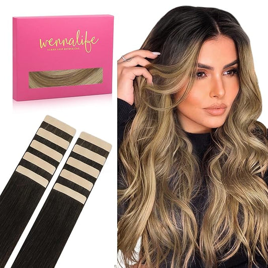 WENNALIFE Tape in Hair Extensions Human Hair Dark Brown to Chestnut Brown and Dirty Blonde Highlighted, 10pcs 30g 26 inch Remy Invisible Tape Ins Straight Colored Soft Refill Set