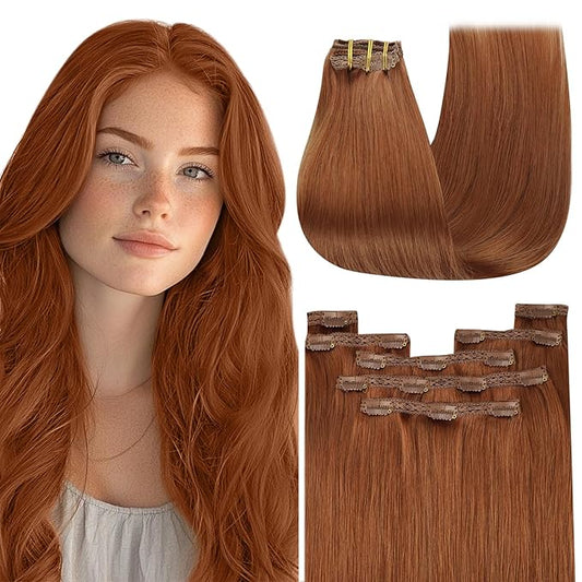YoungSee Clip on Hair Extensions Human Hair Copper Clip in Human Hair Extensions Copper Straight Clip in Real Hair Extensions Remy Human Hair Clip in Extensions 20inch 120g 7pcs