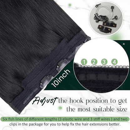 RUNATURE Wire Hair Extensions Real Human Hair, Transparent Fish Line Hair Extensions Jet Black, Adjustable Size, Heat-resistant Easy to Maintain, 20 Inch 100g #1 Jet Black