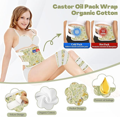 12 Pcs Castor Oil Pack Wrap, Reusable Castor Oil Pack Kit Organic Cotton for Shoulder Hands Neck Waist Chest Knees and Feet, Adjustable Compress Pads for Entire Body, Machine Washable(Green)