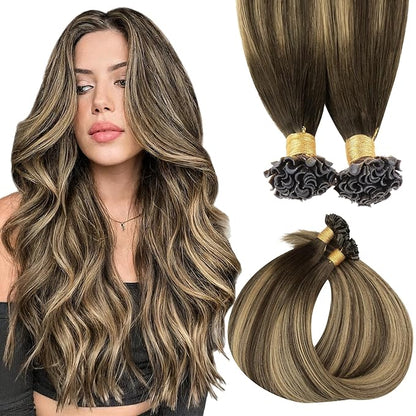 MAXITA U Tip Hair Extensions Human Hair, Balayage Chocolate Brown to Caramel Blonde Virgin Human Hair Extensions Real Human Hair, 50g/50 Strands/Pack, 16 In