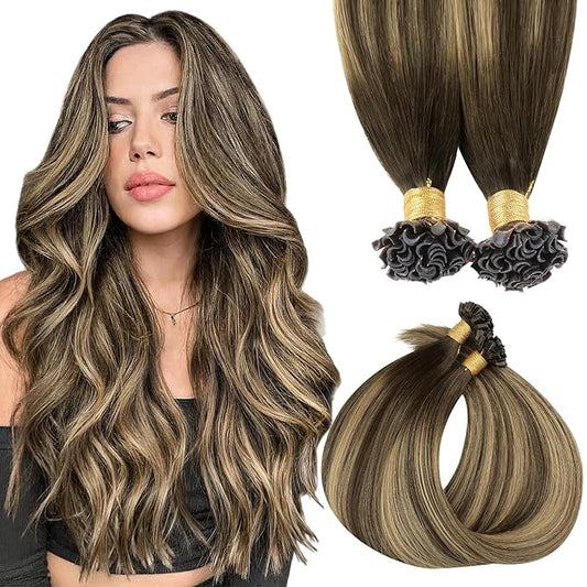 MAXITA U Tip Hair Extensions Human Hair, Balayage Chocolate Brown to Caramel Blonde Virgin Human Hair Extensions Real Human Hair, 50g/50 Strands/Pack, 16 In