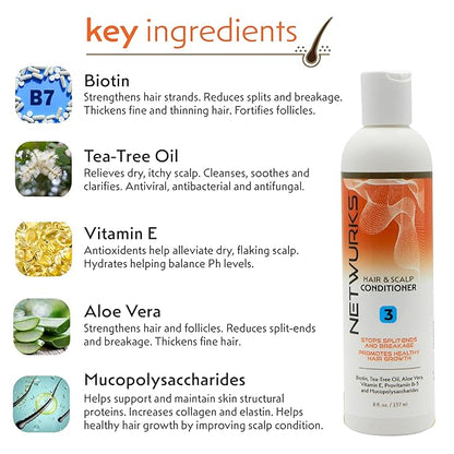 Regrowth Hair & Scalp Conditioner with Biotin, Aloe Vera, Tea Tree Oil & Mucopolysaccharides (natural polysaccharide) to Provide Shine & Volume, Detangler, 8 oz