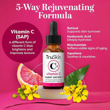 TruSkin Vitamin C Super Serum - Niacinamide, Retinol, Hyaluronic & Salicylic Acid - All-in-One Anti Aging Serum for Face – Improve Appearance of Dark Spots, Firmness for Brighter Looking Skin, 1 Fl Oz