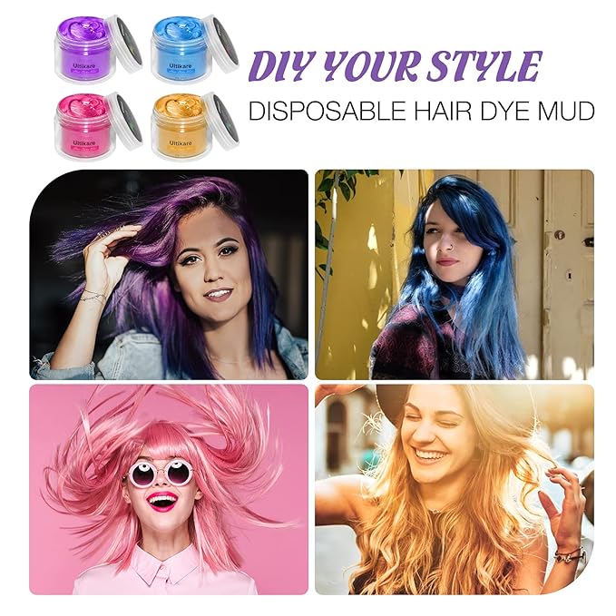 Temporary Hair Color for Kids, Ultikare Hair Dye Washable Natural Hair Wax Color Chalk Mud Cream DIY Hairstyle Clay For Dark Hair Halloween, Cosplay, Party, Christmas Gift Girls 3.4 Fl Oz (4 colors)