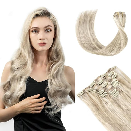 Clip in Hair Extensions Real Human Hair, Remy Hair Extensions Clip In Human Hair Thick and Silky, Ash Blonde Highlighted Platinum Blonde #P17A/60A 20Inch 120G 7PCS