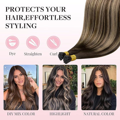 MAXITA I Tip Hair Extensions, 50g/50s, Chocolate Brown to Caramel Blonde 18 Inch Comfortable Wear, Invisible & Natural Cold Fusion, 100% Remy Human Hair Itip Keratin Extensions