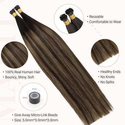 MAXITA I Tip Hair Extensions Human Hair, Balayage Chocolate Brown to Caramel Blonde 100g/50s 24 Inch, Comfortable Wear, 100% Remy Real Human Hair Itip Keratin Hair Extensions