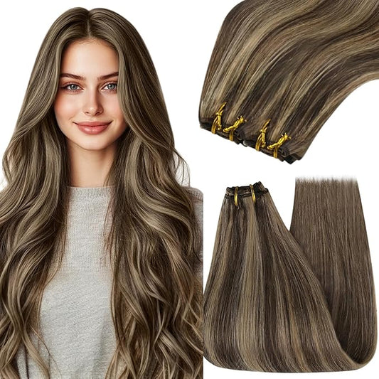 YoungSee Weft Human Hair Extensions Brown Highlight Sew in Hair Extensions Human Hair Dark Brown Mix Caramel Blonde Sew in Hair Extensions Real Human Hair Highlights no Shedding for Women 100G 24Inch