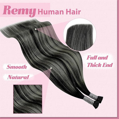 YoungSee I Tips Hair Extensions Ombre I Tip Hair Extensions Ombre Black to Silver Human Hair I Tip Extensionsr Balayage 20 Inch Tip Hair Extensions Human Hair Silky Straight 50s 50g