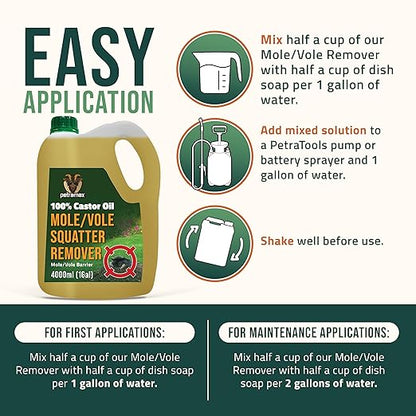 Petra 100% Castor Oil for Moles and Voles - Get Rid of Moles & Voles - Most Effective Way to Get Rid of Moles in Your Yard - Gopher, Ground Mole, Vole Caster Oil - Pet Safe, Food Grade (135 Fl Oz)