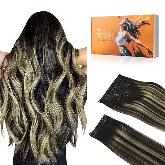 DOORES Hair Extensions Real Human Hair, Balayage Natural Black to Light Blonde 20 Inch 150g 9pcs, Clip in Extensions Human Hair Natural Straight Thick Remy Hair Extensions Clip in Human Hair